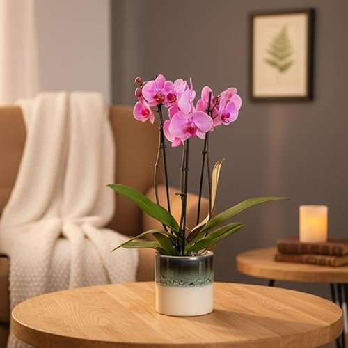 Happy Planting UK Phalaenopsis 3 Stem Orchid Plant Pink - Live Houseplant with Ocean Ceramic Pot Included