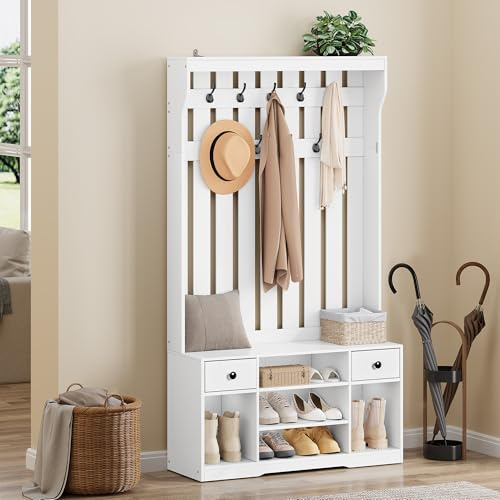 YITAHOME Garderobenständer mit Schuhbank, Garderobe 9 Haken, Flurgarderobe | Kleiderständer Schuhschrank 2 Stoff Schubladen, Garderobenschrank Holz Schuhschrank für Diele Flur Wohnzimmer, 100x35x180cm