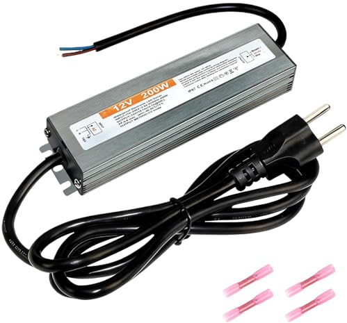 LED Trafo 12V 200W 16,7A, IP67 Outdoor Wasserdicht Transformator mit Stecker, Treiber 230V AC auf DC 12Volt Konstantspannung Niedervolt Schaltnetzteil für Streifen Strahler