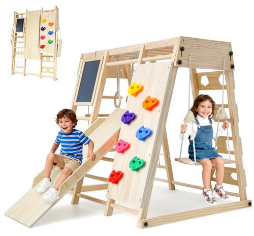 SPYLAVE Maxi Klettergerüst Indoor ab 1 Jahr, Montessori Klettergerüst für Kinder, 10 in 1 Multifunktional Indoor Spielplatz mit Tafel, Schaukel, Rutsche, Kletterwand, Stabil & Sicher, Massivholz