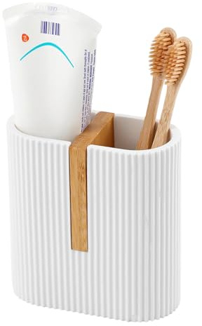 BelleFlair Zahnbürstenhalter Weiß Matt mit Bambus Trennwand, Minimalistischer Stil Geriffelter Zahnputzbecher, Bad Organizer für Elektrische Zahnbürsten, für Modernes Badezimmer Design(Weiß)