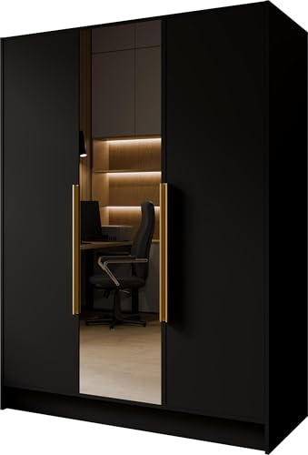 WFL GROUP Kleiderschrank mit Spiegel, Drehtüren mit Goldene Metallgriffe – 150 cm Breit Garderobenschrank mit viel Stauraum für Ankleide – Spiegelkleiderschrank im Scandi-Stil – Schwarz