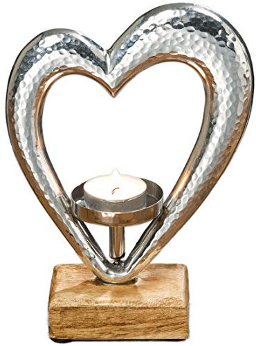 Boltze Teelichthalter Herz Metall Kerzen-Halter Holz Silber 21cm