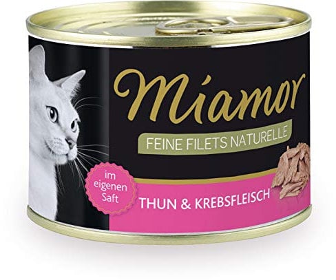 MIAMOR - Feine Filets Naturelle | Nassfutterfür ausgewachsene Katzen mit Filetstückchen im eigenen Saft. Fettarmes Ergänzungsfutter in der Dose ohne Zusätze | 12x156g Thunfisch, Krebsfleisch & Reis