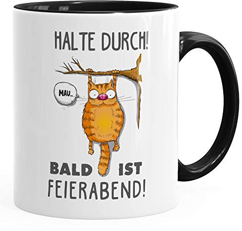 MoonWorks® Kaffee-Tasse mit Spruch Halte durch, bald ist Feierabend Katzenmotiv Cartoon Bürotasse Spruchtasse schwarz unisize