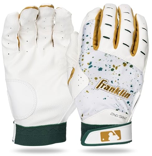 Franklin Sports MLB Schlaghandschuhe – 2nd Skinz Drip Baseball + Softball-Schlaghandschuhe – Erwachsene + Jugendliche, Premium-Lederpaar – Weiß + Waldgrün – Erwachsene L