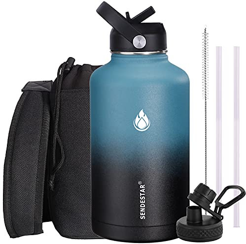 Sendestar Water Bottle 64oz Double Wall Vacuum Insulated Leak Proof Stainless Steel Sports Water Bottle—Wide Mouth with New Flex Straw Lid & Spout Lid (Deep Blue&Black)