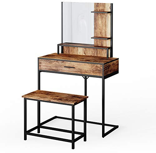 Vicco Schminktisch Fyrk, Kosmetiktisch mit Spiegel, Eiche rustikal/Schwarz, 80 cm mit Stuhl