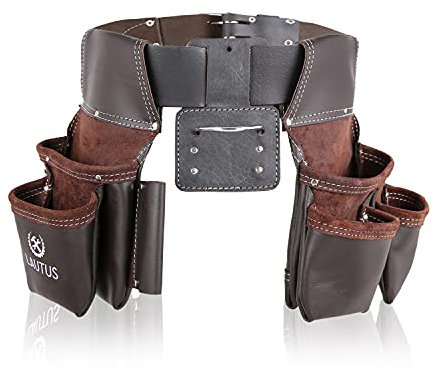 LAUTUS Oil Tanned Leather Tool Belt Rig, Carpenter, Construction, Framers, Handyman - 100% LEATHER |Adjustable Pockets| 8 Pockets | 4 Loop & Hammer Holder|