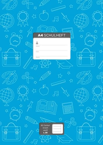 A4 Schulheft für „Vielschreiber“, 80 Seiten, liniert mit Rand, Lineatur 25, weißes Papier: Cover-Farbe: hellblau, Illustration Schule, (10 ... Seitenzahlen, Adressteil, und Kalender 2022