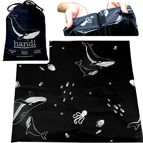 Handi portable blackout blind with 20 strong suction cups, travel bag, curtain tie and stick on Velcro | Easy Install | 198 x 130cm; fits most windows | Ultimate Blackout | Travel anywhere | Baby