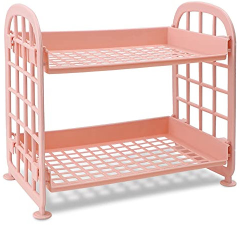 QUMENEY Desktop Rack Cosmetic Stationery Storage Holder, 2-Tier Multifunctional Plastic Shelf Makeup Organizer for Skincare Office Kitchen Bedroom Bathroom Home Pink