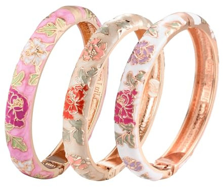 Wynameleri UJOY Enamel Bangle for Women, Handmade Floral Vintage Bracelet for Lady, Jewellery Gift - 3 Pcs Red Rose Gold Bangle for Women, Mothers Day Gifts from Daughter, Good Luck Bracelet