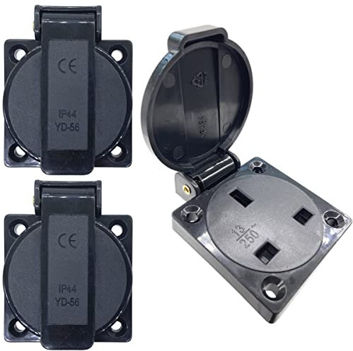 Waterproof IP44 UK Socket for Type G Plug, Dustproof Rainproof UK Industrial Socket with Cover for Car Inverter, Electric Generator, Air Conditioner, Outdoor Power Equipment, etc. (3 Pieces Black)