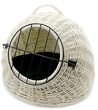 MyBer® Haustierbett Transportbox Katzen Korbhöhle Katzenhöhle Katzenkorb Hundekorb aus Weide mit abnehmbarem Gitter und Kissen geflochten K5-583-W-SS