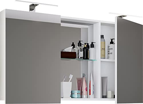 VCM Badschrank zeitlos | Maße ca. H. 59 x B. 112 cm T. 12 cm | Zwei Drehtüren mit Ablagefächer | Spiegelschrank - Budasi