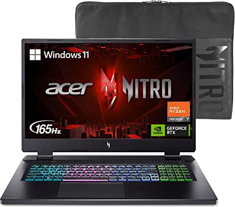 Acer Nitro 17 Gaming Laptop, 17.3 IPS 165Hz FHD Display, AMD Ryzen 7, 32GB DDR5 RAM, 1TB Gen 4 SSD, NVIDIA GeForce RTX 4050, American English RGB Keyboard, Windows 11 Home