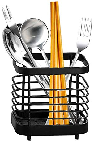 Jetisva Stainless Steel Cutlery Holder Rust Proof Cutlery Drainer Black Utensil Holder Metal Sink Tidy Caddy Kitchen Sink Organizer Utensil Rack for Table Spoons Dish Spatula Chopsticks Sponge