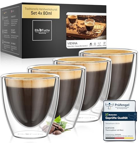 ElbFuchs® Juego de tazas espresso (4x 80ml) cristal térmico de pared doble | Ideal para café espresso o moka | Regalo para mujer, madre o boda