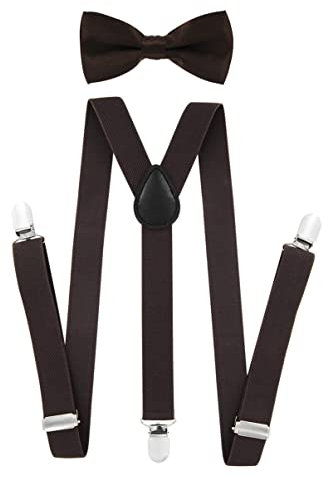 axy Kinder Jungen Hosenträger-Y Form 2,5cm breit mit Fliege - 3 Stabile Clips für Kinder 7-12 Jahre alt (Braun)
