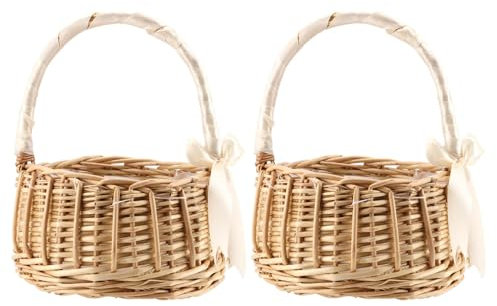 HEIHAK 2 Pcs 15 × 19cm Rattan Flower Basket, Flower Girl Basket with Handles and White Ribbon, Willow Handwoven Basket Wicker Woven Eggs Candy For Wedding Party