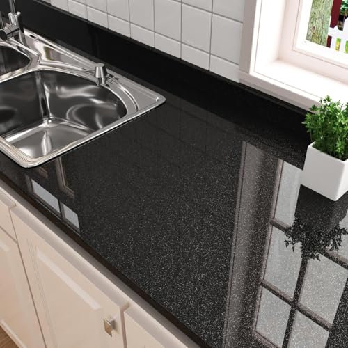 HotDecor Glanz Tapete Schwarz Mit Glitter Schwarze Folie Selbstklebend für Arbeitsplatte Küche Schrank Luxuriös Klebefolie Schwarz Tisch Abwaschbare Tapete Küche Dekofolie Selbstklebend 60cm X 300cm