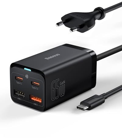 Baseus USB C Netzteil, 65W High-Speed USB C Ladegerät, 4 Port PD 3.0 und PPS Schnellladegerät, GaN Charger Kompatibel mit MacBook Pro/Air, iPhone 15/14/13 Serie, Pixel, GalaxyS23, iPad, und mehr