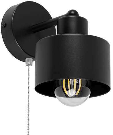 alfalux Wandleuchte Innen Wandlampe Mit Schnur-Zugschalter LED Lampe Aus Metall Für Wohnzimmer Schlafzimmer Kinderzimmer Treppenhaus Wandlampen Wandleuchten SHWAND-OST1010SC Schwarz mit Zugschalter