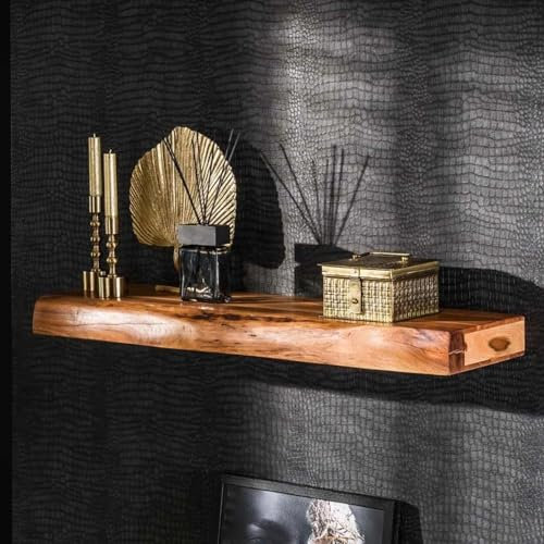 RINGO-Living Massivholz Schweberegal Baumkante in Natur-dunkel, Holzregal 100 cm breit, Echtholz Landhaus Wandregal aus Akazienholz, Massiv Schlichtes Holz, Natur Holzbrett Wand