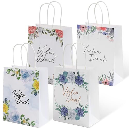 24 Papiertüten mit Henkel, Vielen Dank, Blumenmuster, 4 Designs, 21 * 16 * 8cm