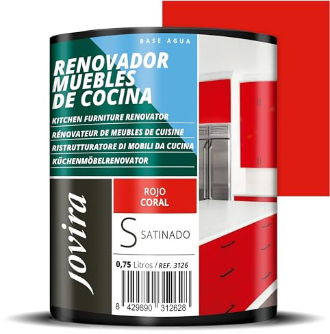 JOVIRA PINTURAS Pintura renovadora para Muebles de Cocina, acabado satinado al agua. Especial para renovar muebles de cocina, puertas, baños, etc. (750 Mililitros, Rojo Coral) K-22
