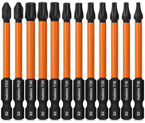 Hakkin Torx Bit Set 12Pcs Impact Drive Bits S2 Steel PZ2 PH2 Pozidriv Torx Magnetic Screwdriver Bits for Impact Drill 75mm PZ2 PH2 T10 T15 T20 T25 T30 T40