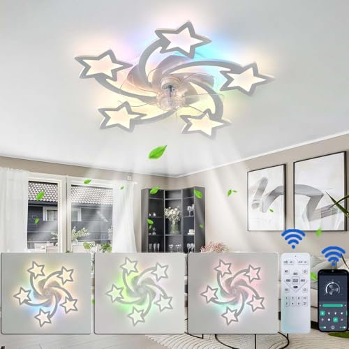 Luyaim Star RGB Dimmable Ceiling Fan with Lights - 27 Inch Quiet Reversible DC Motor Fan Light for Bedroom & Kids Room
