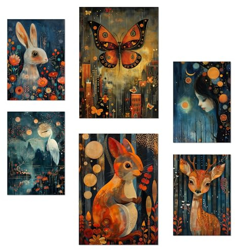 Nacnic-Set mit 6 Postern Natur und Tiere. Kaninchen, Schmetterling, Eichhörnchen, Hirsch von Rosina Wachtmeister Designillustrationen zur Dekoration der Wände Ihres Zuhauses. Räume A3 & A4 Rahmenlos