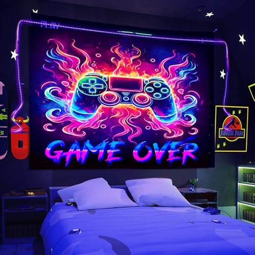 Manicer Schwarzlicht-Gaming-Wandteppich, cooler Neonspiel-Controller-Wandbehang für Jungen und Teenager, UV-reaktives Spiel über abstrakte Kunst, 3D-Gaming-Poster, Wandteppiche für Schlafzimmer,