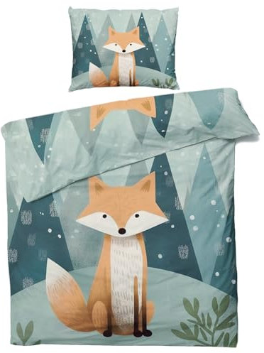 Sommer Bettwäsche 135x200 Fuchs Kinder - Waldtiere Bettbezug 135 x 200 2er Set, Weiche & Angenehme Mikrofaser Bettbezüge & Kissenbezug 80x80, Bettwäsche-Sets mit Reißverschluss W&-14