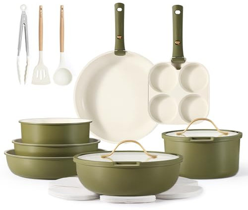 CAROTE 19pcs Pots and Pans Set, Nonstick Cookware Set Detachable Handle, Induction Kitchen Cookware Sets Non Stick with Removable Handle, RV Cookware Set, Gold and Green