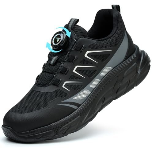 Safety Trainers Men Women Steel Toe Cap Trainers Lightweight Work Safety Shoes Breathable Non Slip Steel Toe Cap Boots Swivel Buckle Shoelaces, Black, 8 UK