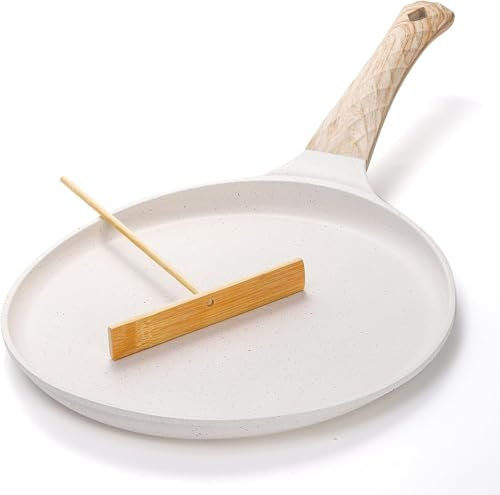 Trusttread Poêle à crêpes 20 cm, poêle antiadhésive avec manche en bois anti-brûlure, avec distributeur de crêpes en bois, convient à tous les types de plaques de cuisson et à induction, couleur beige