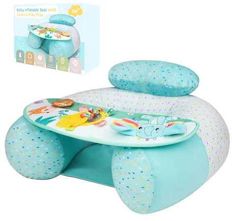 Blublu Park Inflatable Baby Chair with Cover for Babies 3-36 Months, Portable Baby Sit Me Up Floor Seat with Detachable Activity Sensory Tray, Babies Seats for Sitting up, Green
