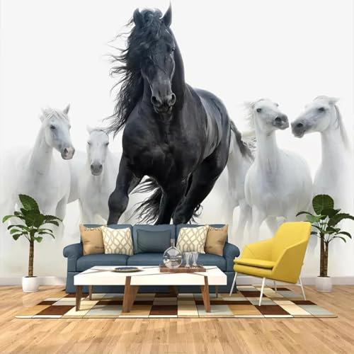 YLLMNOBN Papier peint mural 3D noir et blanc en PVC autocollant avec motif animal et cheval - Convient pour chambre à coucher, salon, fond TV