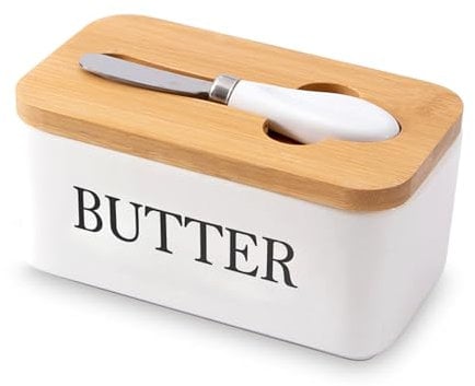 Porcelain Butter Dish with Lid and Knife, Ceramic Butter Dish with Double Silicone Seals for Cheese Storage, Perfect for Countertop, 350ml