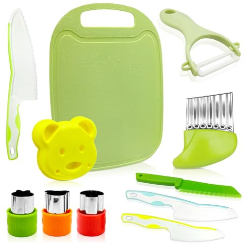 Obidodi Mini Chef Knife Set for Kids, 11 Pieces Kids Knife Set for Chopping, Children Kitchen Knife Set Include Toddler Safe Knives/Cutting Board/Crinkle Cutter/Y-Peeler/Bear Sandwich Cutter