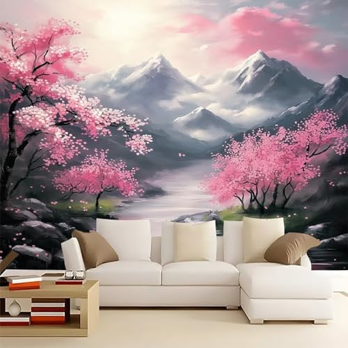 Wallpaper Mural Pink Wall Mural Wallpaper 250 x 175 cm Easy to Install Printed Wallpaper for Home Office Wall and Kids Room Japanese Style Cherry Blossoms Mountains Art Photo Wallpaper Wall Covering