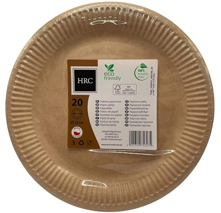 Pol-Mak HRC Eco Einweg-Pappteller, 20 Stück, 23 cm Braun, für Grillabende, Wanderungen, Taufen, Partys, Geburtstage, Kompostierbar, Umweltfreundliche Materialien, Pappteller rund