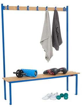 Changing Room Bench, Heavy Duty Powder Coated Steel Frame with Wooden Slats, 1500mm Wide Cloakroom Benches with Clothing Hooks for Schools, Gyms, Leisure Centres (Blue, Single Sided)
