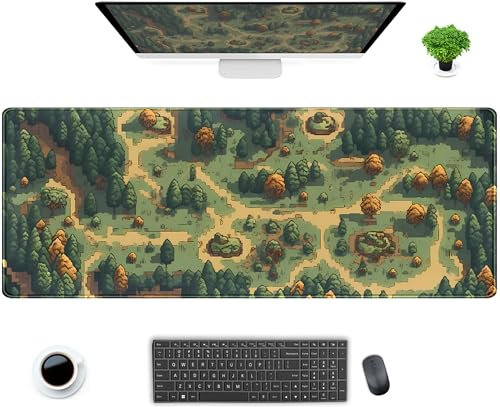 Schreibtischunterlage im Retro-Stil, XL, groß, Gaming-Mauspad, grüner Wald, Pixel-Mauspad, rutschfeste Gummiunterseite, Tastatur-Mauspad, Laptop-Computer-Matte mit genähten Kanten, Büroarbeitsmatte,