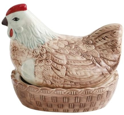 KESOTO Eierkorb, Hühnerei-Halter in Hühnerform, dekorativer Drahtkorb, Eierkorb aus Metall, Aufbewahrungskörbe, Eierbehälter, vielseitig einsetzbar für Küche, Obst, Gemüse, Snacks, Keramik Braun