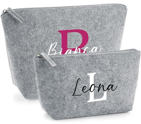 Set aus 2 Kosmetiktaschen mit Namen | Schminktasche Filz personalisiert | Geschenk für Frauen & Mädchen (Grau, Set)
