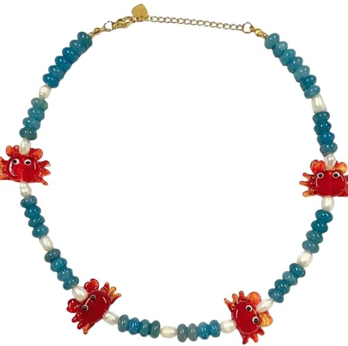 IOETSEUT Collares de la Amistad Collar de Cristal de Piedra Natural con Cuentas de Cangrejo Rojo y pez Dorado de Vidrio de Vidrio esmaltado Hecho a Mano de Verano para Regalos de niña